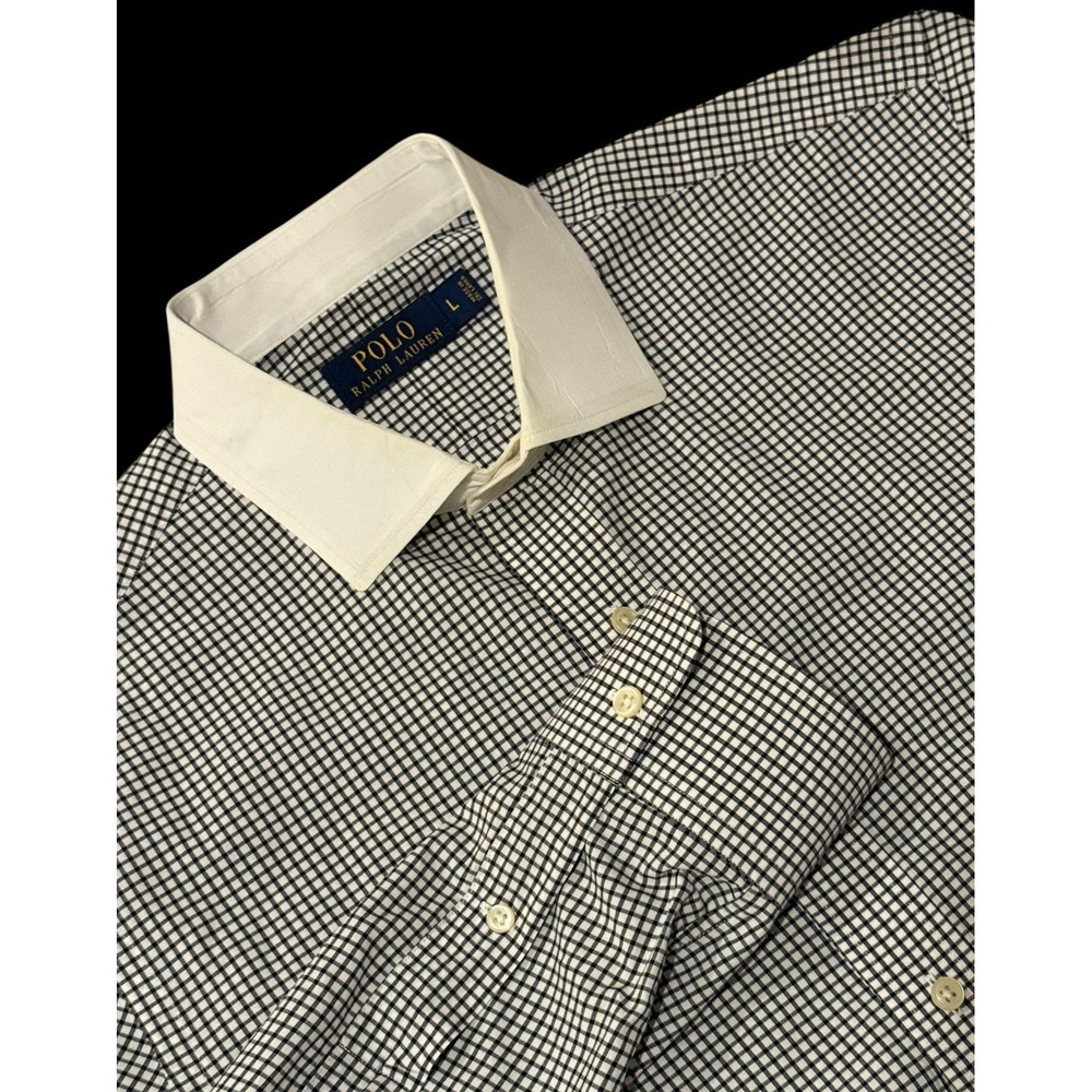 Ralph Lauren Men Dress Shirt L White Contrast Cutaway Collar Check Black Elegant